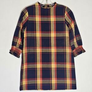 Vintage Sears Dress Girls 12 Navy Plaid Shift 3/4 Sleeve Smocked Cuffs Mod 60s